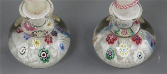 A pair of French millefleur glass paperweight pen holders / vases, possibly 19th century, height 14cm